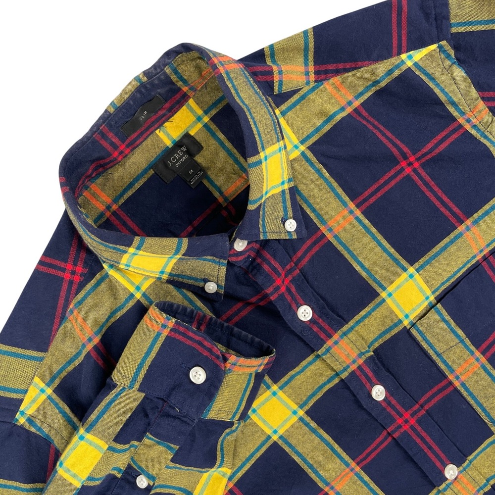 J.Crew Shirt Mens M Navy Yellow Red Plaid Oxford Slim Long Sleeve Button Down